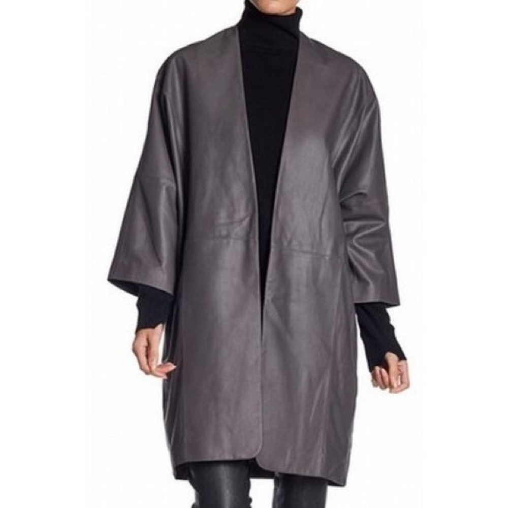 Vince Open Front Leather Jacket - grey